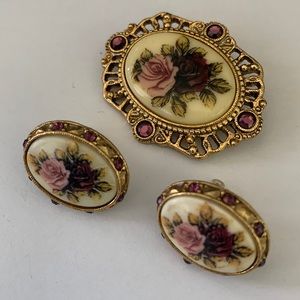 Vintage “1928” Gold & Purple Pin & Earrings Set